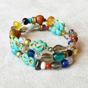 Colorful Boho chic Wrap Bracelet, Vintage Turquoise Gemstones and Lampwork Beads, Stacking Bracelet, Bohemian Cuff bracelet, One of a Kind