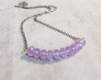 Lavender Chalcedony Row Necklace, Delicate Minimalist Gemstone Bar Necklace, Dainty Layering Necklace