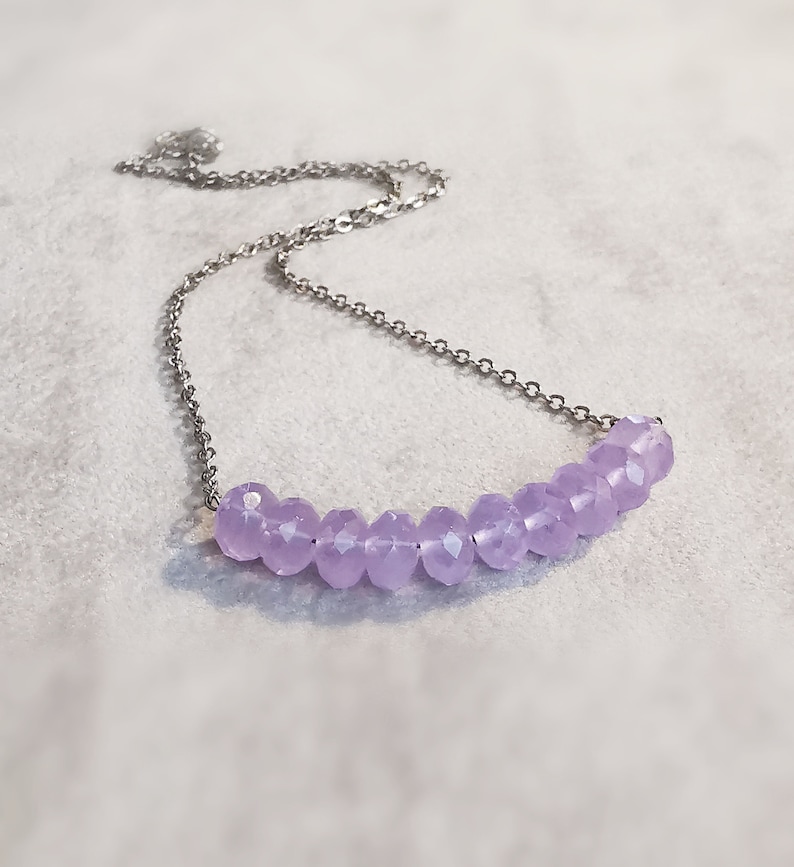 Lavender Chalcedony Row Necklace, Delicate Minimalist Gemstone Bar Necklace, Dainty Layering Necklace image 1