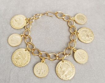 Antique Gold Coins Bracelet, Gold Charm Bracelet, Vintage Fashion Statement Jewelry