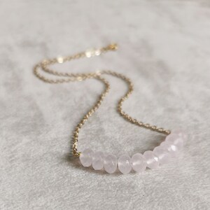 Layering delicare gemstone strand necklace, gold plated and rose quartz beads