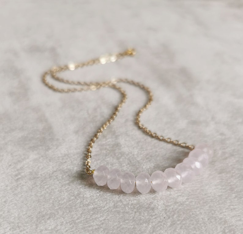 Layering delicare gemstone strand necklace, gold plated and rose quartz beads