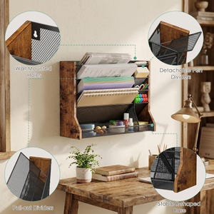 May include: A wall-mounted wooden desk organiser with a rustic design. It features multiple compartments, including pull-out and detachable dividers, and a mesh base. The organiser is designed to hold papers, pens, and other office supplies. It has wall-mounted holes for easy installation.