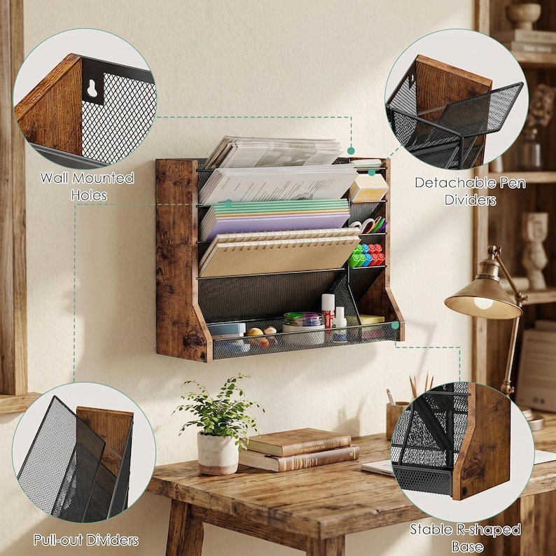 May include: A wall-mounted wooden desk organiser with a rustic design. It features multiple compartments, including pull-out and detachable dividers, and a mesh base. The organiser is designed to hold papers, pens, and other office supplies. It has wall-mounted holes for easy installation.
