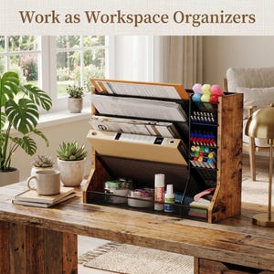 May include: A wooden desk organiser with multiple compartments for files and stationery. The organiser has a rustic, distressed finish and includes a section for pens and markers. The text "Work as Workspace Organizers" is at the top.