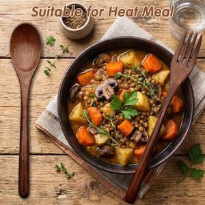 Natural brown wooden spoon and fork set with smooth rounded handles and handcrafted appearance.