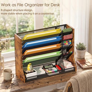 May include: A desk file organiser made of wood and black metal, featuring multiple compartments for papers and stationery. The organiser has a rustic wood finish and a mesh design. Text on the image reads: "Work as File Organizer for Desk".