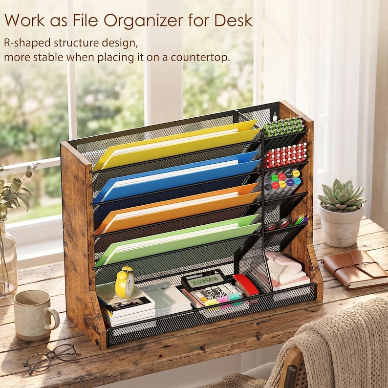 May include: A desk file organiser made of wood and black metal, featuring multiple compartments for papers and stationery. The organiser has a rustic wood finish and a mesh design. Text on the image reads: "Work as File Organizer for Desk".
