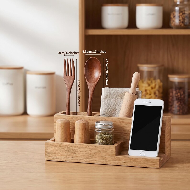 Reusable wooden spoon and fork set shown with desserts, soup, coffee beans, and ice cream usage examples.