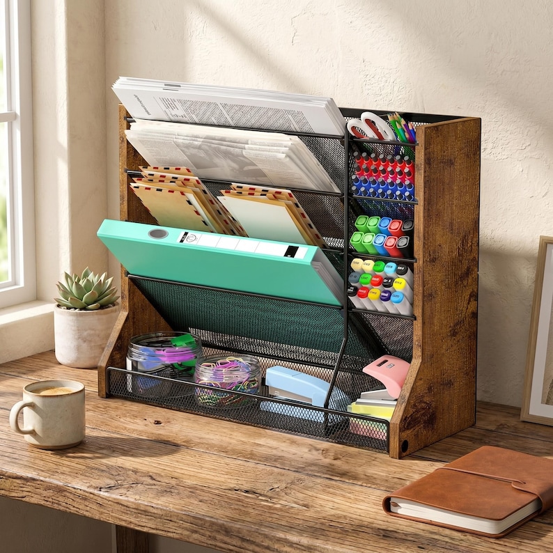May include: A wooden desk organiser with multiple compartments and mesh dividers. It holds papers, a binder, pens, and other office supplies. The organiser has a rustic, distressed finish and is placed on a wooden desk with a cup of coffee and a succulent.