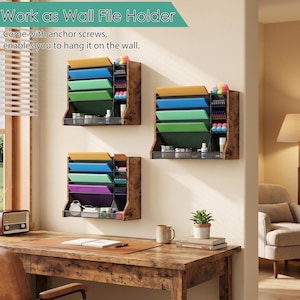 May include: Three wall-mounted file holders with coloured file slots. The holders are made of wood and metal, with a rustic finish. The text "Work as Wall File Holder" is visible.
