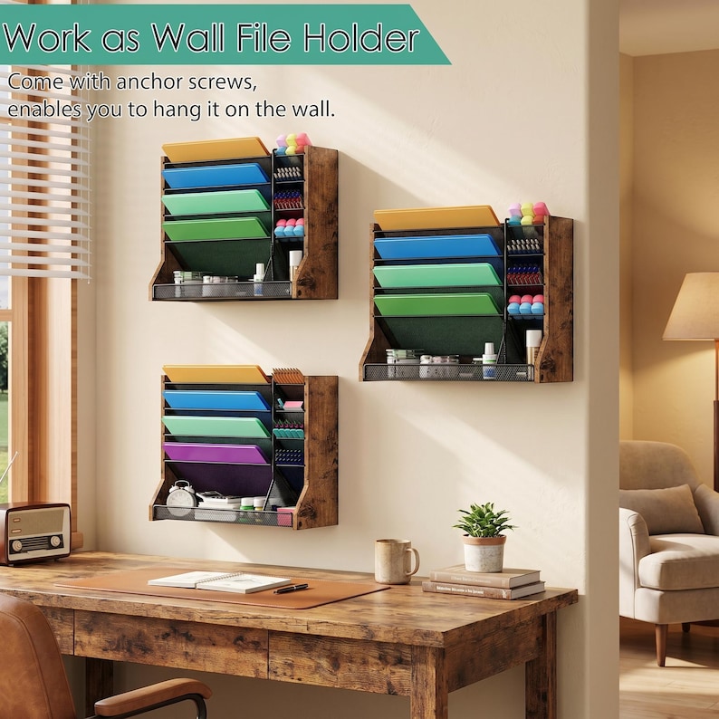 May include: Three wall-mounted file holders with coloured file slots. The holders are made of wood and metal, with a rustic finish. The text "Work as Wall File Holder" is visible.
