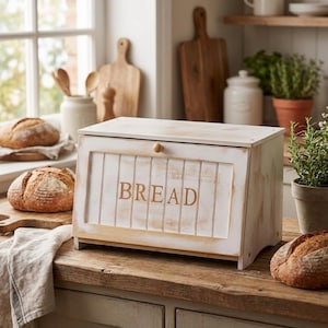 May include: A white wooden bread box with the word "BREAD" in gold lettering. The box has a distressed finish and a small wooden knob. Two loaves of bread are visible on a wooden surface.