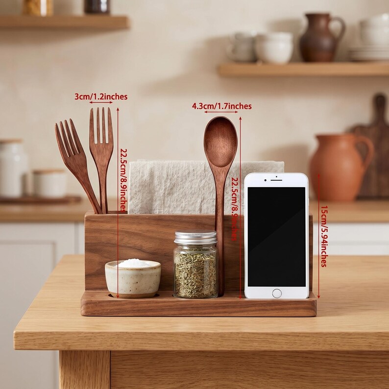 Natural wood cutlery set with smooth lacquer finish styled on a rustic table with oats and linen fabric.