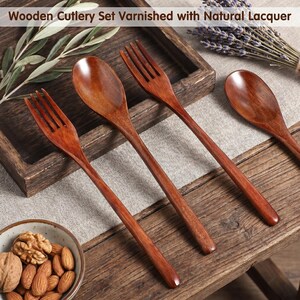 Rustic wooden flatware set featuring lightweight spoon and fork with natural wood grain details.