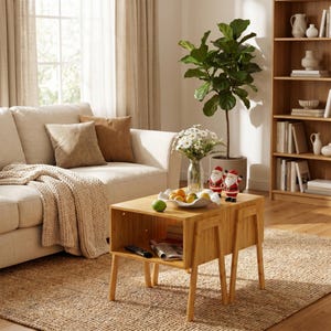 May include: A light-colored living room scene featuring a beige sofa with throw pillows and a knitted blanket. A bamboo side table holds fruit, flowers, and Santa figurines. A jute rug and wooden bookshelf complete the cozy setting.