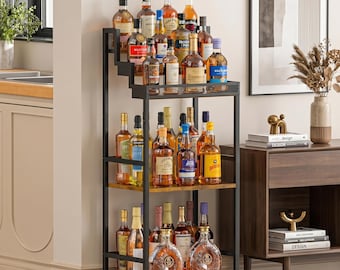 Rustic Industrial Wine Rack Cabinet, Freestanding Liquor Bar Shelf with Storage, Metal Wood Home Bar Organizer
