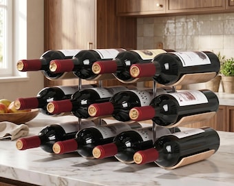 Modern Wine Bottle Holder Rack, Rustic Wood Countertop Wine Storage Display for Dining Room Kitchen Home Bar