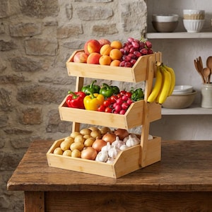 May include: A three-tiered bamboo fruit and vegetable stand filled with fresh produce. The top tier holds peaches, apricots, and grapes. The middle tier has bell peppers and tomatoes. The bottom tier contains potatoes, onions, and garlic. Bananas hang on the side.