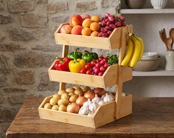 3 Tier Bamboo Fruit Basket Stand, Kitchen Countertop Produce Storage Organizer, Wooden Vegetable Holder Rack with Hooks, Farmhouse Decor