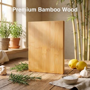 May include: A rectangular bamboo cutting board with the text "Premium Bamboo Wood" is displayed on a wooden table. The board is light brown and has a natural wood grain. Lemons, garlic, and rosemary sprigs are also on the table.