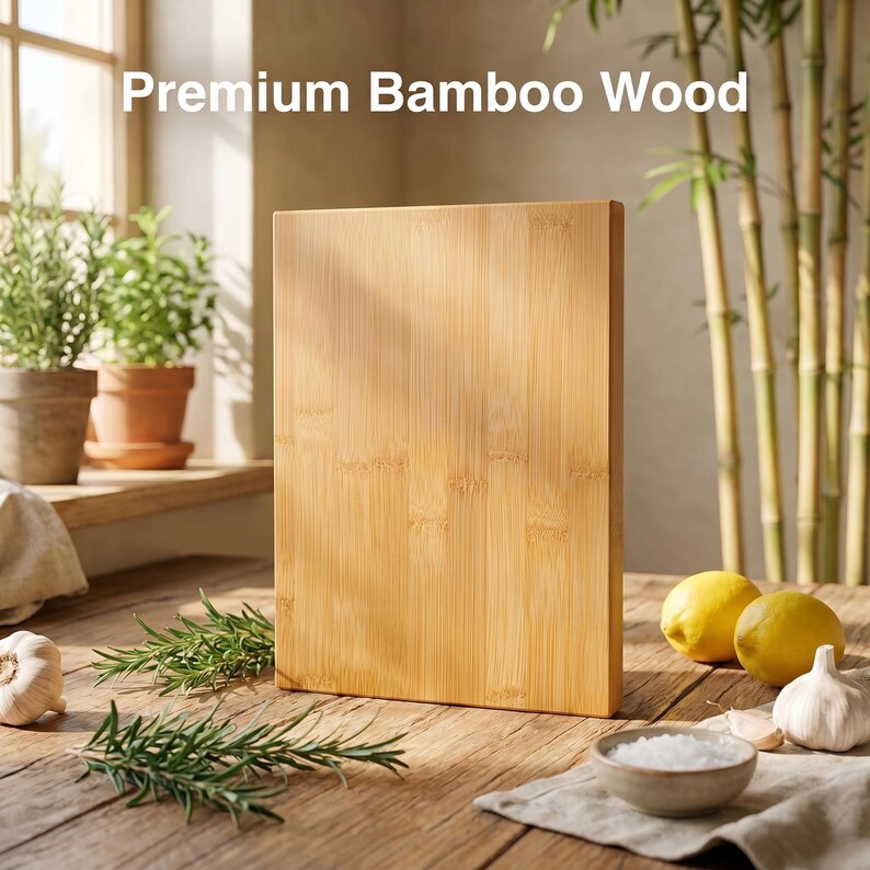 May include: A rectangular bamboo cutting board with the text "Premium Bamboo Wood" is displayed on a wooden table. The board is light brown and has a natural wood grain. Lemons, garlic, and rosemary sprigs are also on the table.