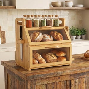 May include: A bamboo bread box with a glass door, holding various loaves of bread. The top shelf displays glass spice jars with cork lids. A knife is stored on the side. The bread box sits on a wooden countertop.