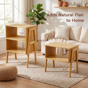 May include: Two bamboo side tables with open shelving and angled legs. One table is 11.4" wide, 15.7" long, and 24.9" high. The other is 8.3" wide, 16.5" long, and 24.9" high. The text "Adds Natural Flair to Home" is visible.