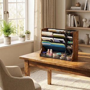 May include: A dark brown wooden desk organiser with multiple compartments for files, pens, and small items. It features a black mesh front and sits on a wooden table. The background includes a window and potted plants.