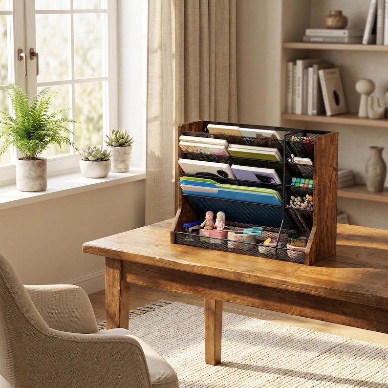 May include: A dark brown wooden desk organiser with multiple compartments for files, pens, and small items. It features a black mesh front and sits on a wooden table. The background includes a window and potted plants.