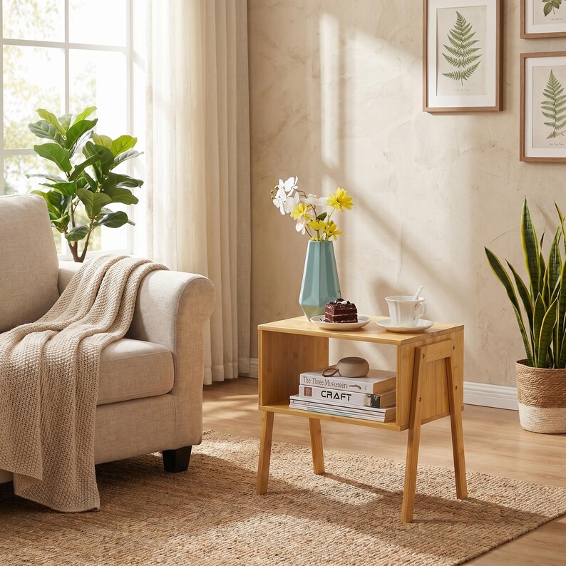 May include: A light wood side table with a rectangular top and a lower shelf. The table has four angled legs and a geometric design. A blue vase with flowers, a plate with cake, and a teacup sit on top. Books and a decorative object are on the shelf.