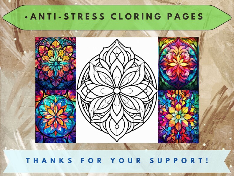 Stained Glass Patterns Coloring Book 40 Digital Pages, Art Therapy