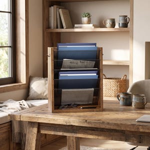 May include: A wooden desk organizer with five compartments, filled with blue and gray file folders. The organizer has a mesh front and is sitting on a rustic wooden desk. A pair of glasses and a pen rest in the bottom compartment.