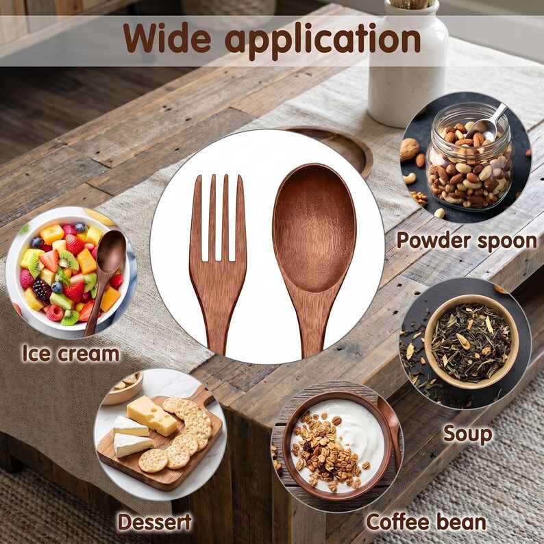 Handmade style wooden utensils with long handles and polished brown wood texture.
