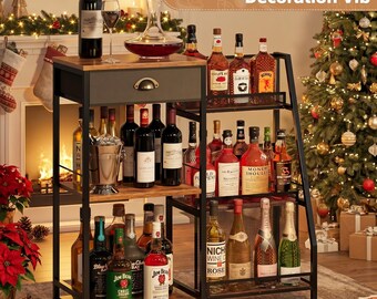 Industrial Liquor Cabinet Bar, Rustic Wine Rack with Storage Drawer, Freestanding Home Bar Shelf for Whiskey Bottles & Kitchen Corner