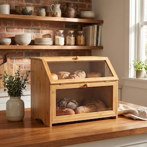 May include: A bamboo bread box with a clear glass front and top, showcasing various loaves of bread. The box has a wooden knob for opening and is set on a wooden countertop. Shelves with kitchenware are visible in the background.