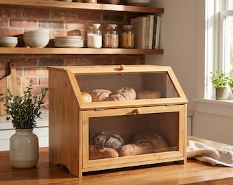 Bamboo Bread Box with Window Doors, Double Layer Bread Storage Container for Kitchen Countertop Organization