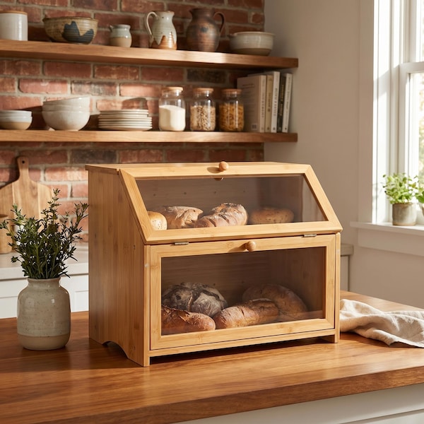 Bamboo Bread Box with Window Doors, Double Layer Bread Storage Container for Kitchen Countertop Organization