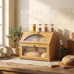 May include: A bamboo bread box with a clear, textured glass door and a curved top. The box is filled with loaves of bread. Small glass jars with wooden lids sit on top. A small olive tree and kitchen utensils are also visible.