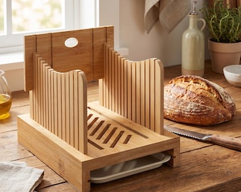 Bamboo Bread Slicer for Homemade Bread, Adjustable Bread Cutting Guide with Crumb Tray, Foldable Bread Cutter for Sourdough & Loaf Bread