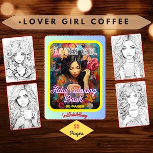 50 Coffee Lover Girl Coloring Book, Printable PDF, Pretty Little Cute Girls Coloring Pages, Grayscale Cafe Coloring Book for Adults and Kids