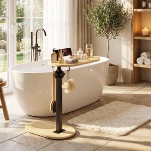 May include: A freestanding bamboo bathtub caddy with a black metal adjustable stand, featuring a top tray for toiletries, a wine glass holder, and two hooks for hanging accessories. The base is oval-shaped bamboo, providing stability for the vertical support.