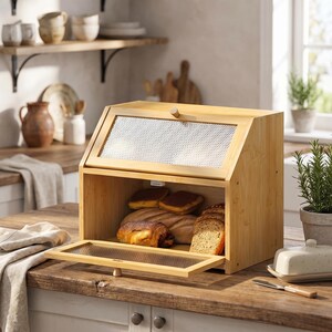 May include: A wooden bread box with a clear, mesh-covered lid and an open front, revealing various types of bread. The box is made of light-colored wood and sits on a wooden countertop. A butter dish and knife are also visible.