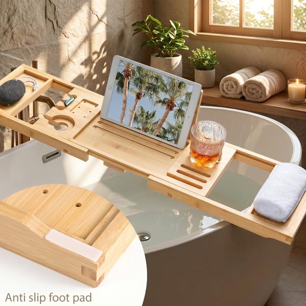 Expandable Bamboo Bath Caddy, Wooden Bathtub Tray with Book Holder, Wine Glass Slot & Spa Organizer for Relaxing Baths