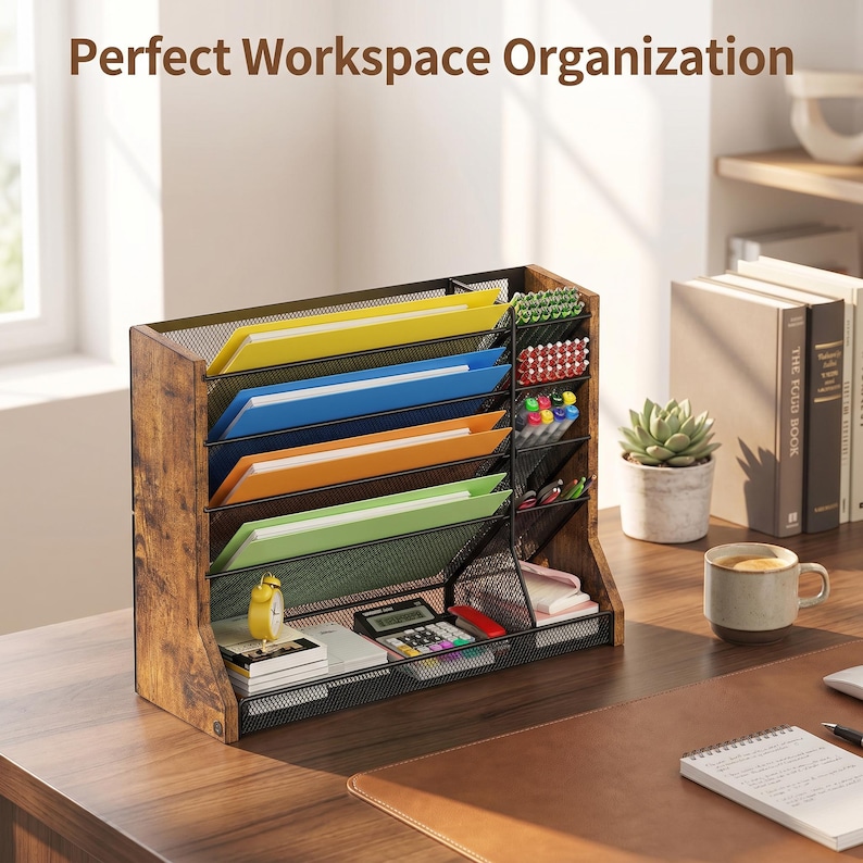 May include: A wooden desk organiser with multiple compartments for files, pens, and other office supplies. The organiser has a rustic wood finish and a black mesh design. The image also shows a calculator, notepad, and a small succulent plant.