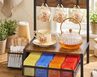 Tea Bag Organizer with Mug Hooks, Rustic Tea Station Organizer, Coffee Bar Storage Rack, Farmhouse Countertop Tea Holder