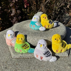 May include: A collection of plush budgie bird toys in various colors, including yellow, green, blue, pink, and white. The birds are arranged on a stone surface, with details like wings and beaks visible. The toys are soft and fluffy.