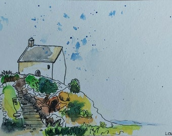 Carte Aquarelle paysage maison bord de mer  - LOH