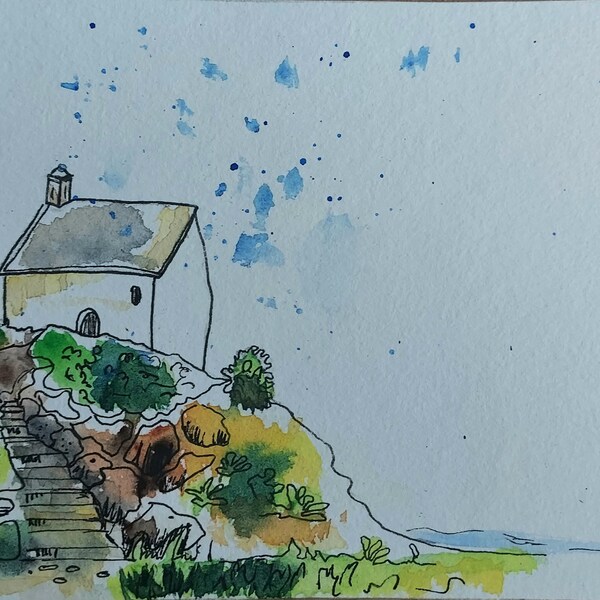 Carte Aquarelle paysage maison bord de mer  - LOH