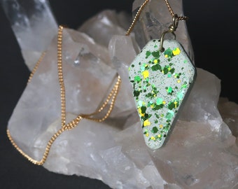 Glittery Green Pentagon Concrete Pendant, Gold Necklace